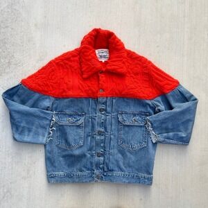 Rare Levi's Native Trucker‎ Denim Jacket Orange French Cable-Knit Design XS
